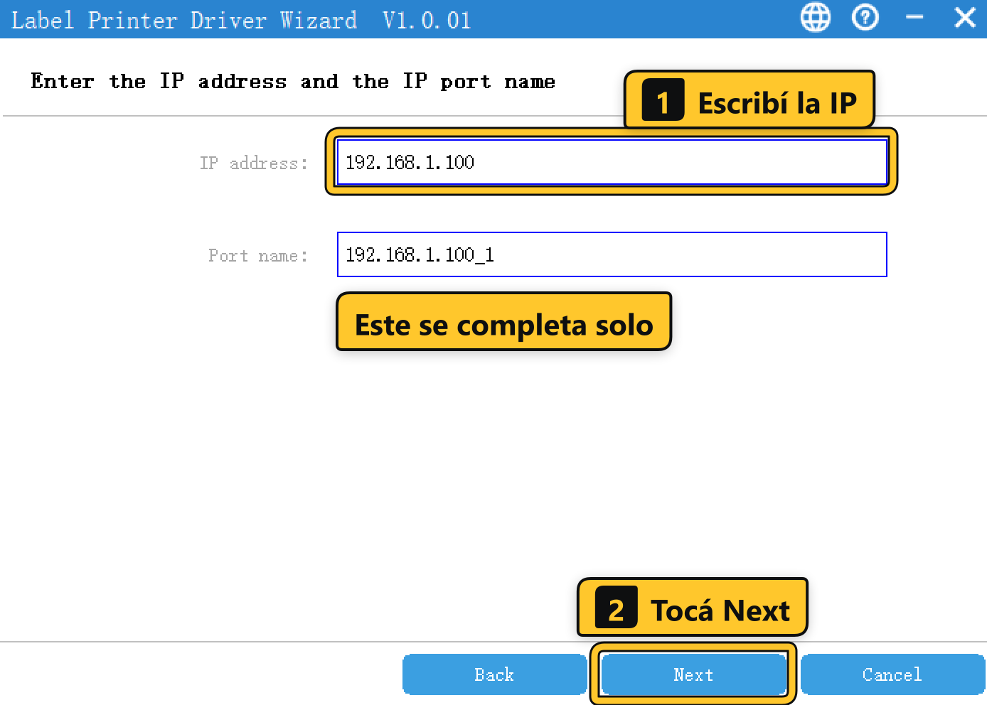 Pantalla de IP: la IP escrita en IP address, Port name completado solo y el botón Next