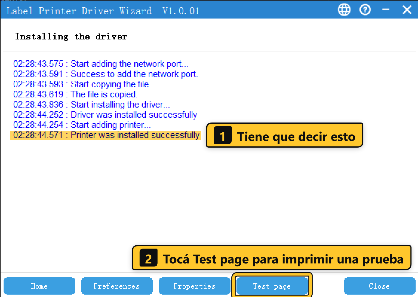 Instalación por WiFi terminada: «Printer was installed successfully» y el botón Test page