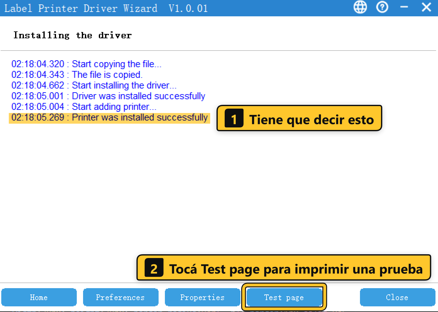 Instalación terminada: «Printer was installed successfully» y el botón Test page